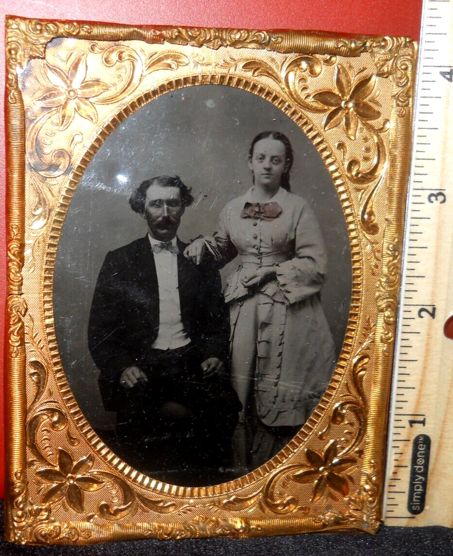 Quarter plate size Tintype of young couple in brass mat/frame