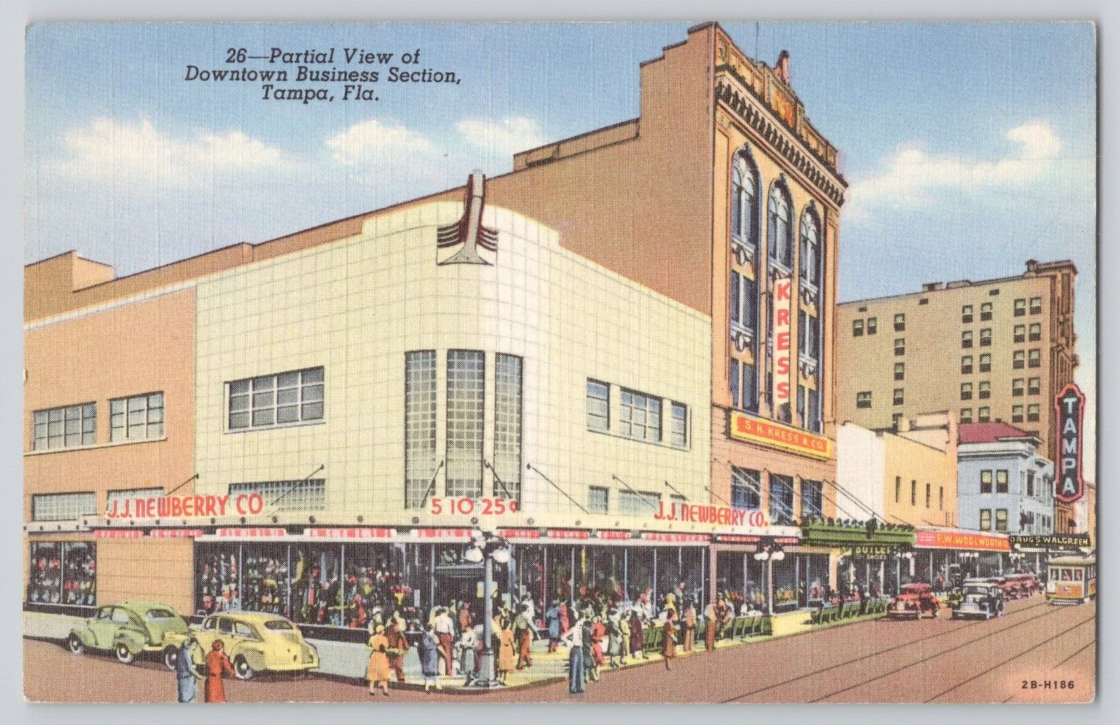 Postcard Downtown Business Section, Tampa Florida, Kress, Walgreen, Woolworth