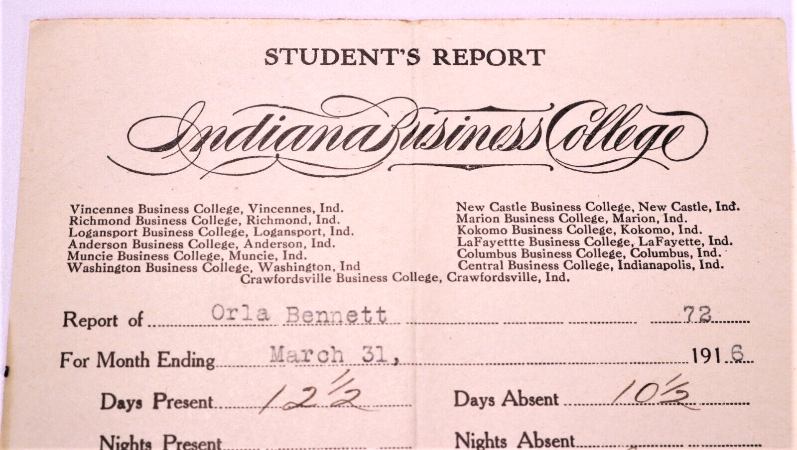 1916 Indiana Business College Student Report Card w/Vintage Letterhead Script