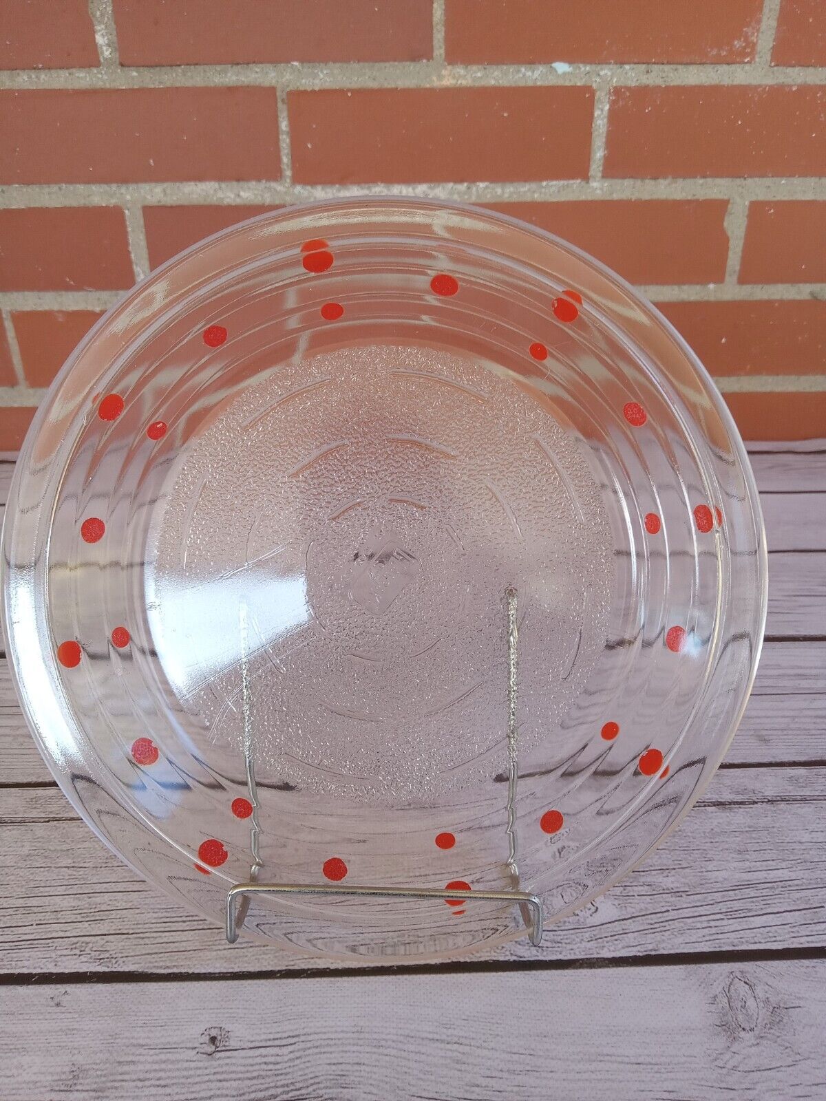 Vintage Rare HTF 1938 Glasbake Red Orange Clear Glass Polka Dot Pie Dish Plate 