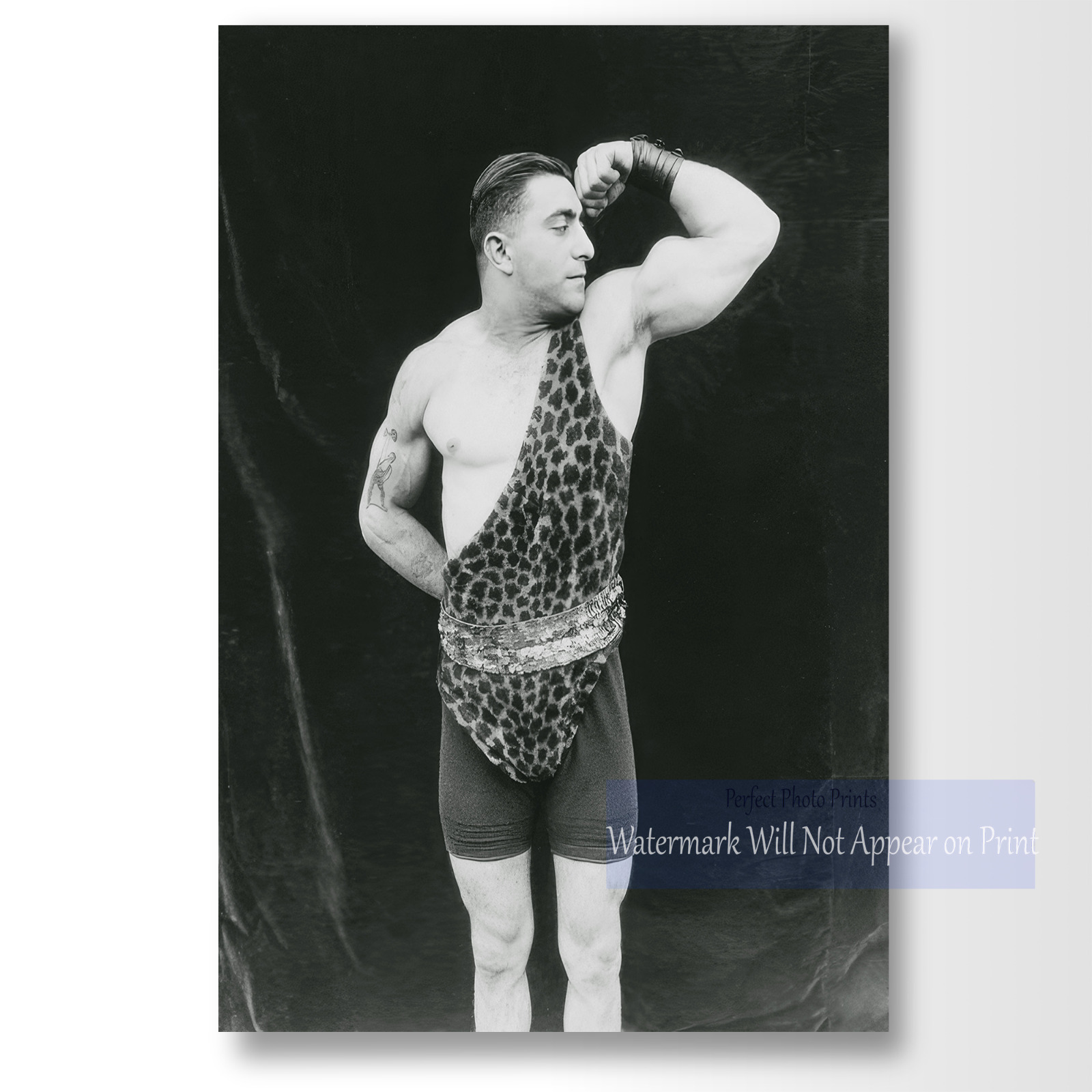 Vintage Circus Strongman in Leopard Print Suit Flexing - Vintage Photo Print