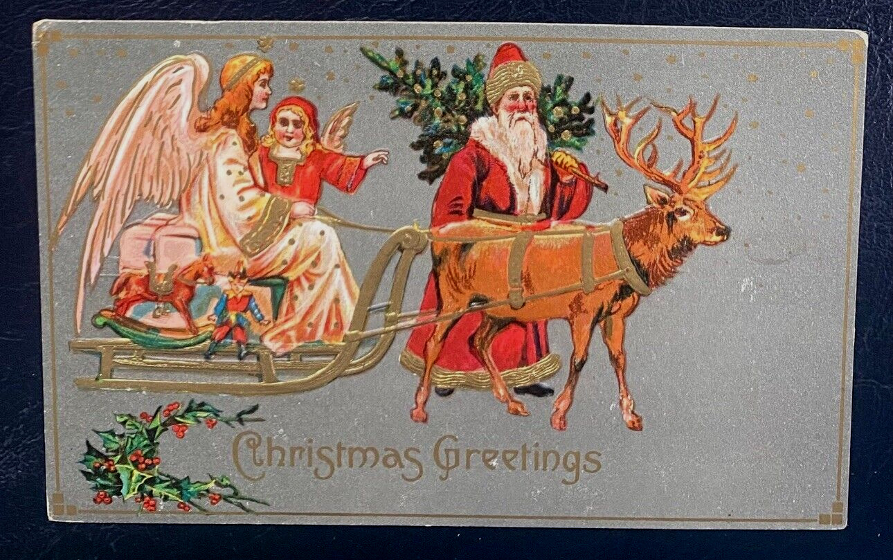 Santa Claus with Angel~Sled~Child~Reindeer~Toys~Antique Christmas Postcard~k468