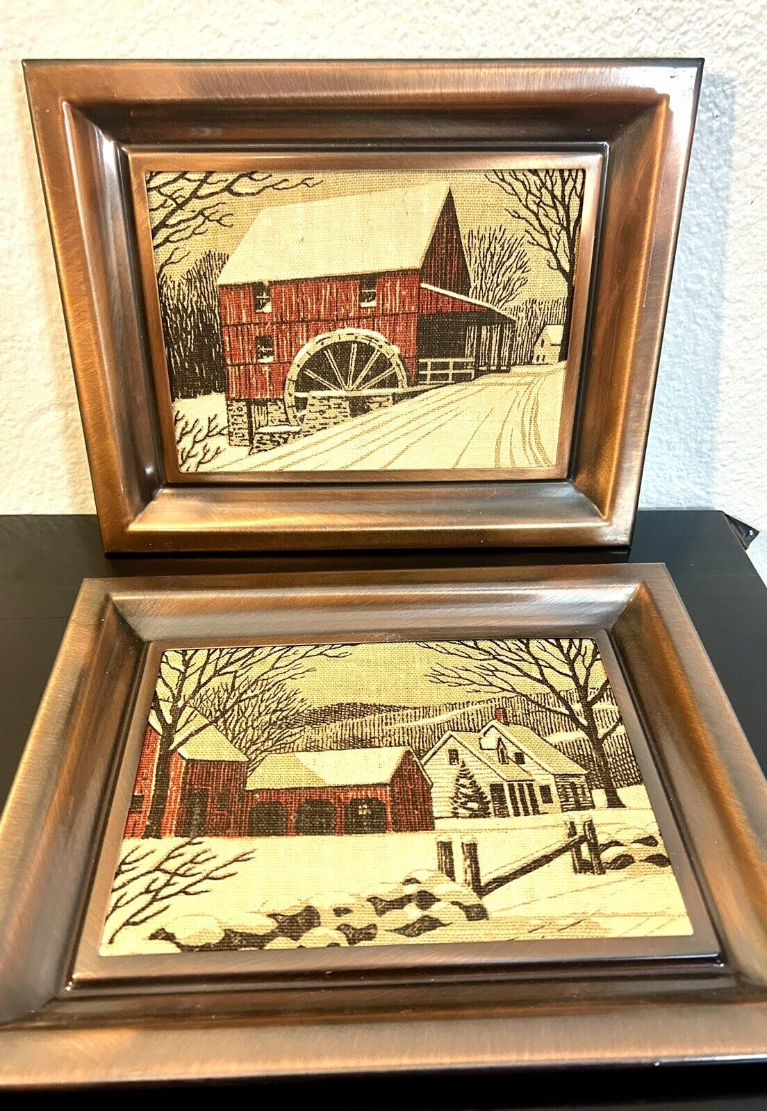 2 VTG CottageCore Coppercraft Guild Linen Screenprint Winter Farm Copper Framed