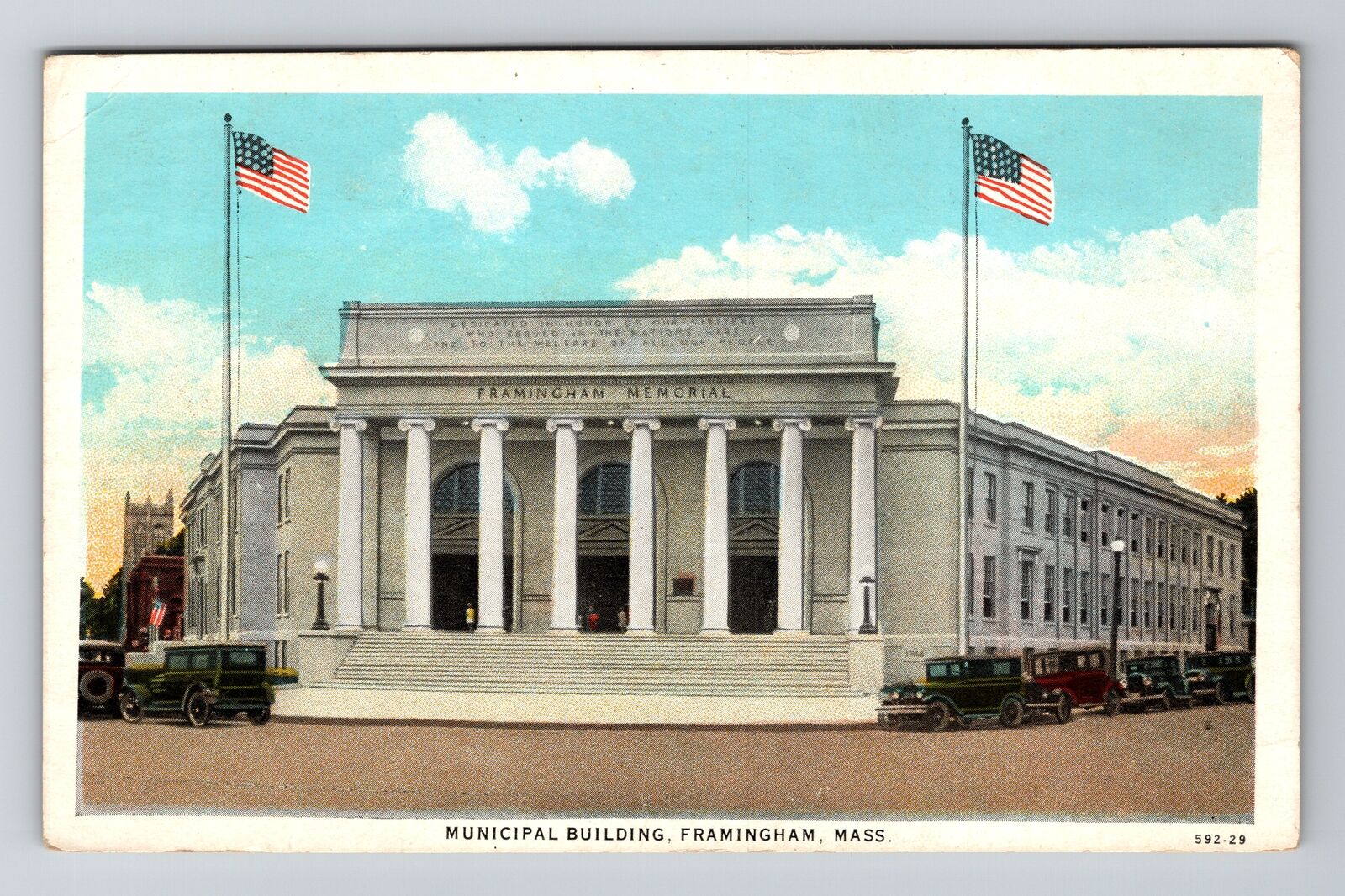 Framingham MA-Massachusetts, Municipal Building, Automobiles Vintage Postcard