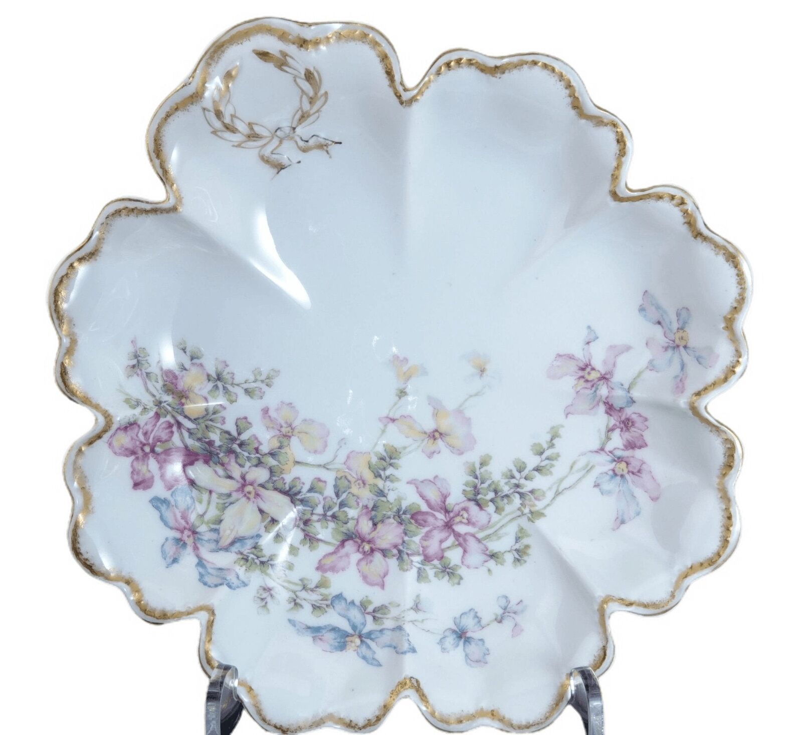c1910 Haviland Limoges Scalloped bowl with Pink Blue and Yellow Flowers