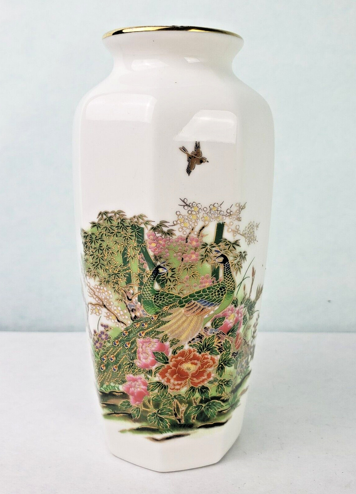Beautiful Vintage Yamaji Porcelain Vase Peacock Cherry Blossoms Japan 6