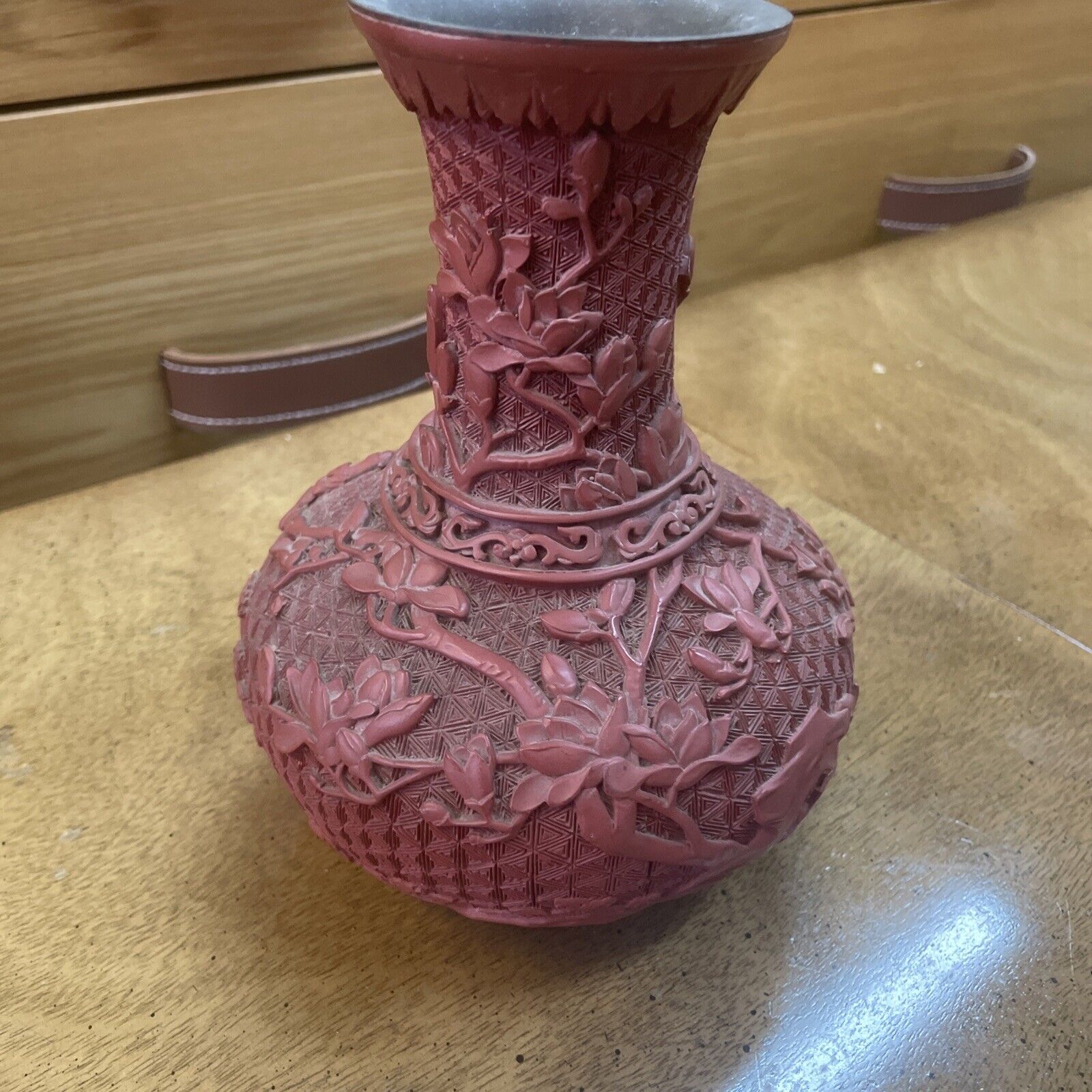 vintage chinese carved red cinnabar birds and blossoms  Flower Vases vase