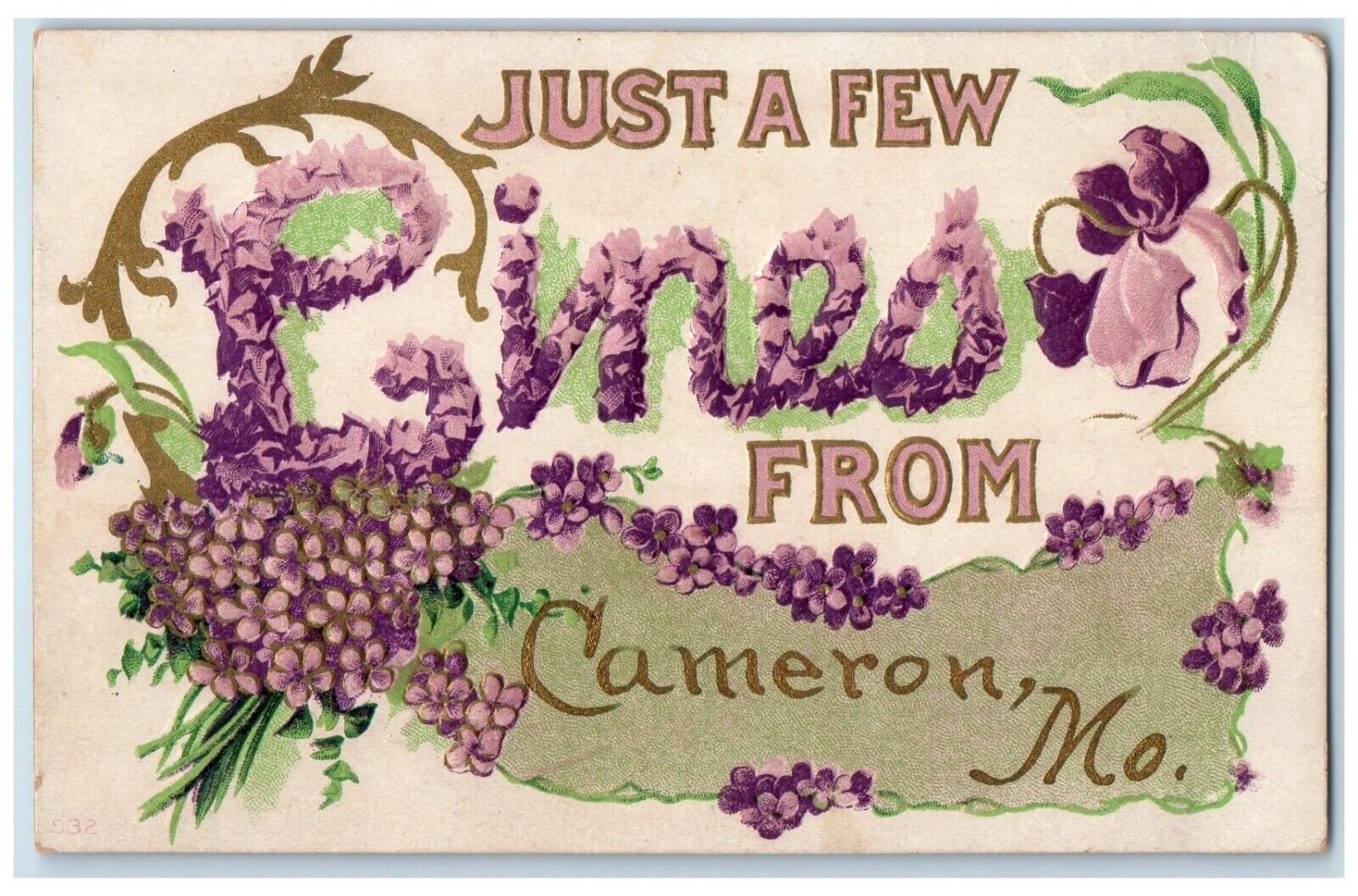 c1910 Just A Few Pines From Flower Embossed Cameron Missouri MO Vintage Postcard