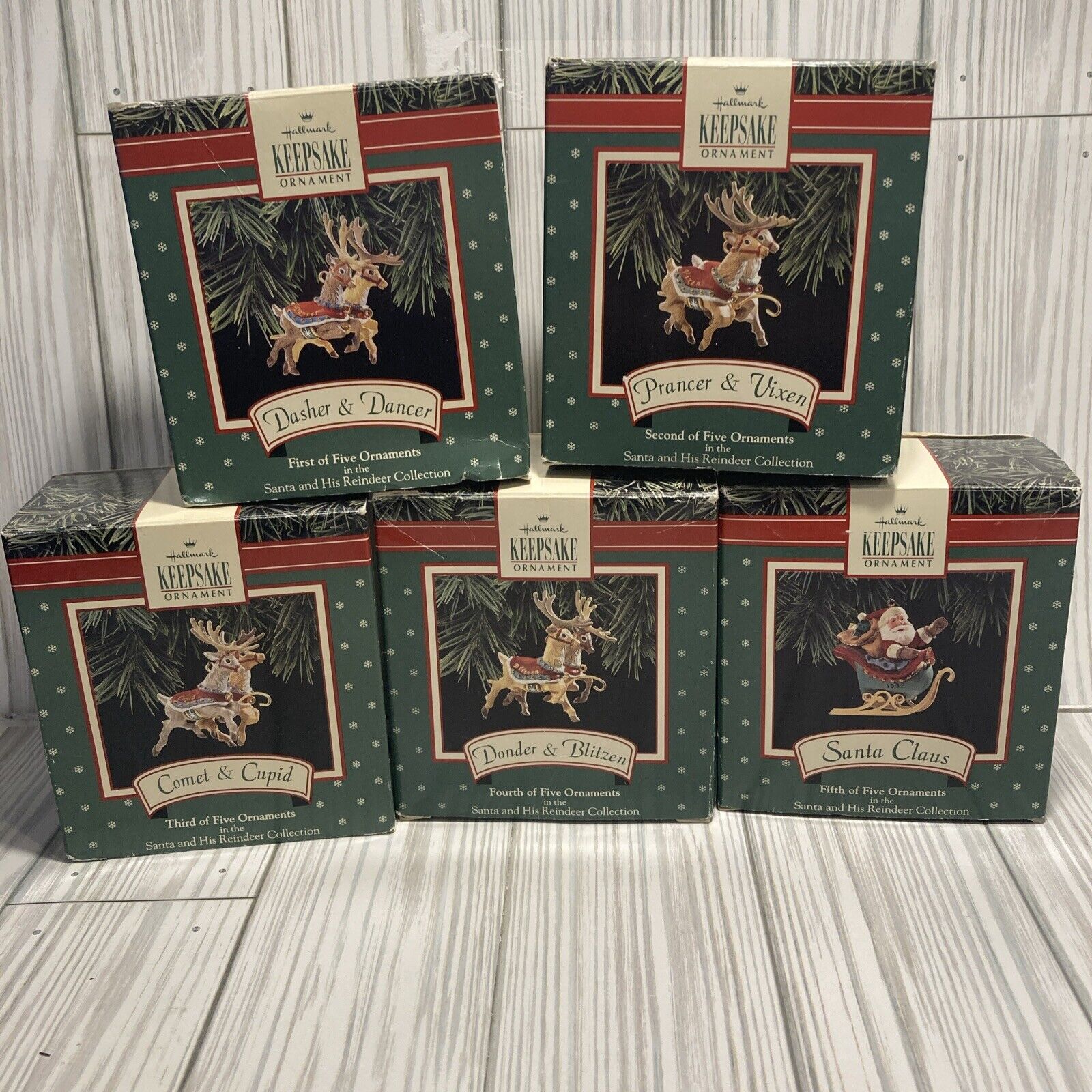 1992 Santa & Reindeer Collection Hallmark Keepsake Ornament Complete Set 5 READ