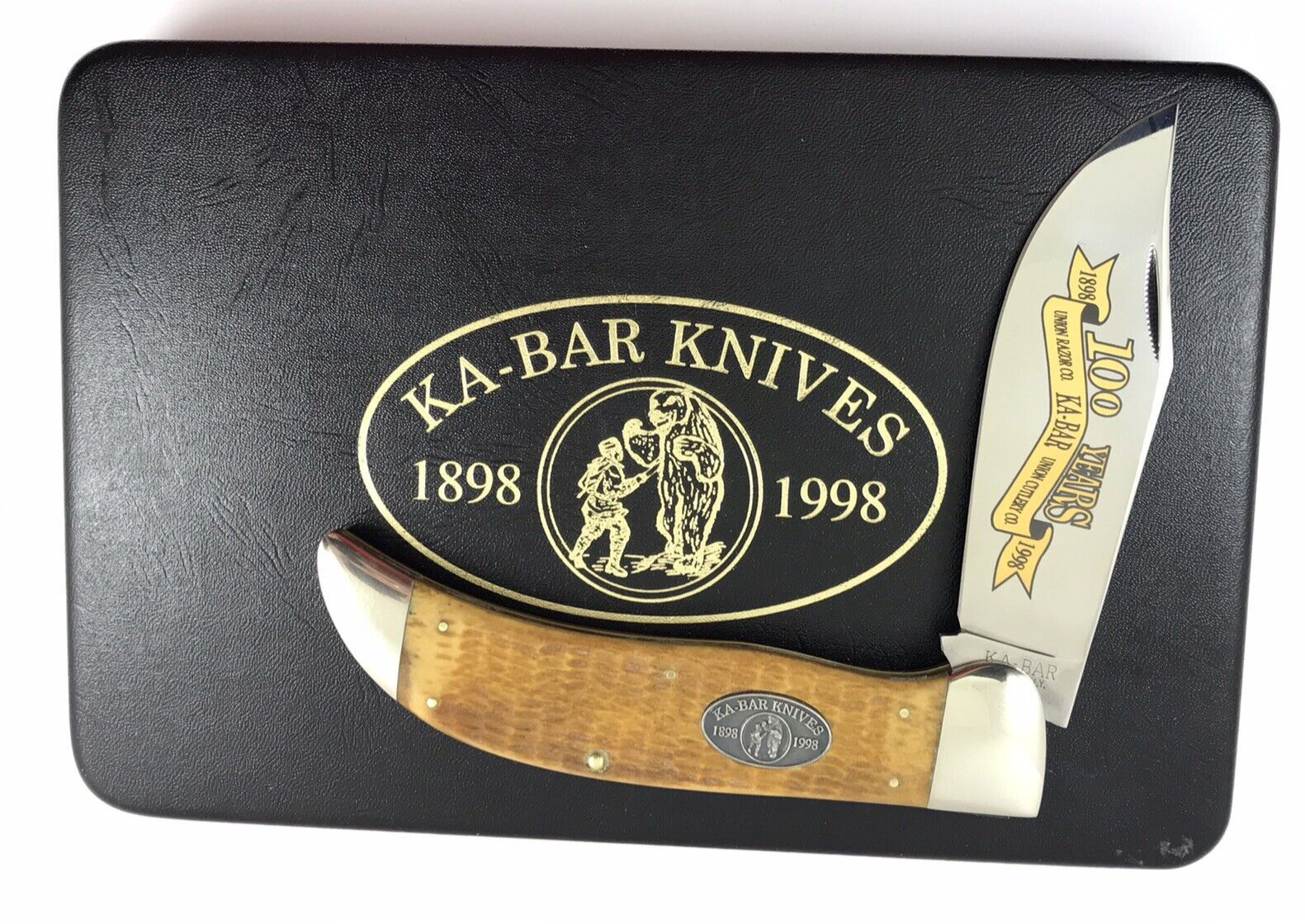 1998 Ka-bar Grizzly Clasp Knife BONE 100 Year Anniversary Kabar + Box 9815-RP