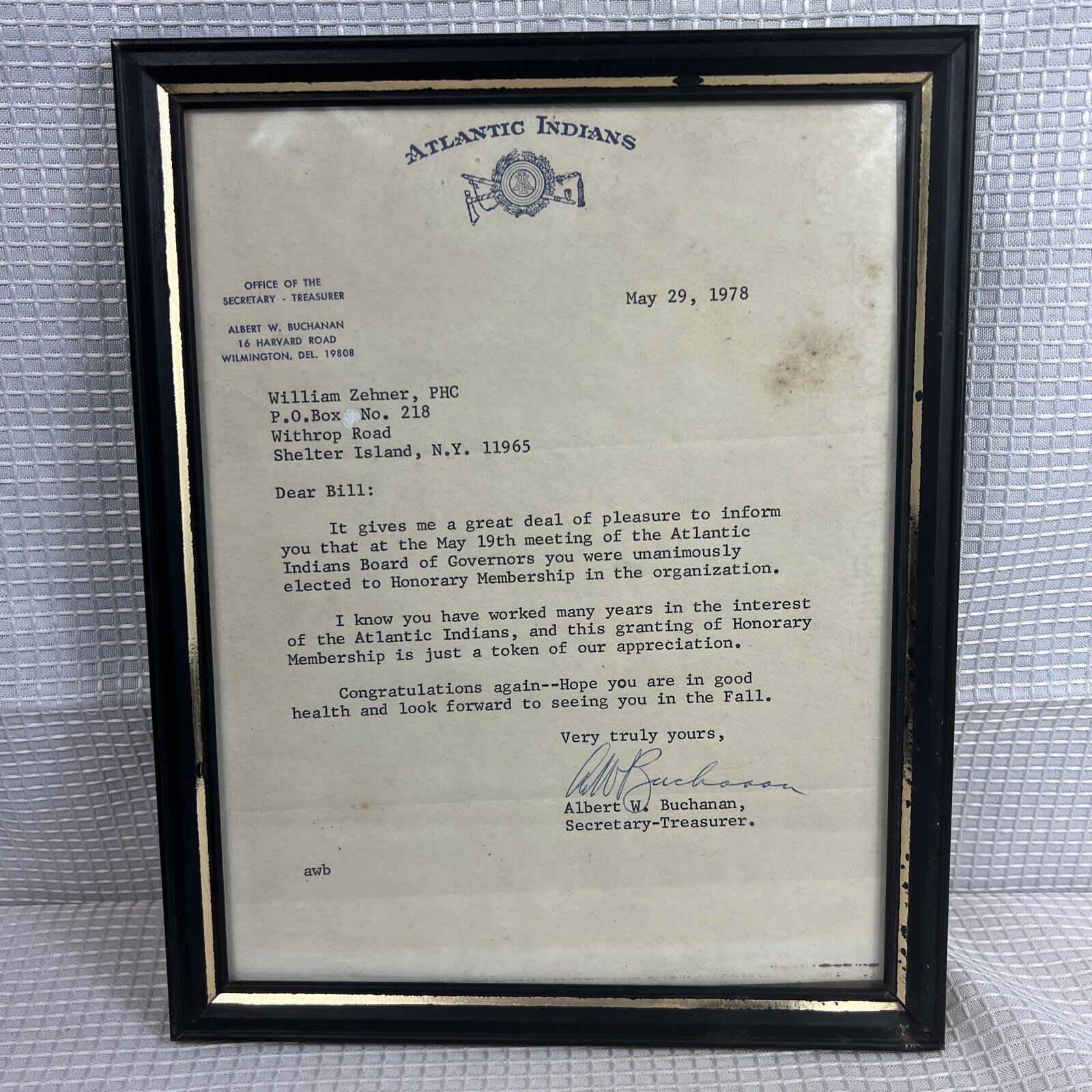 Shelter Island New York Atlantic Indians Board of Governors Meeting Letter 1978