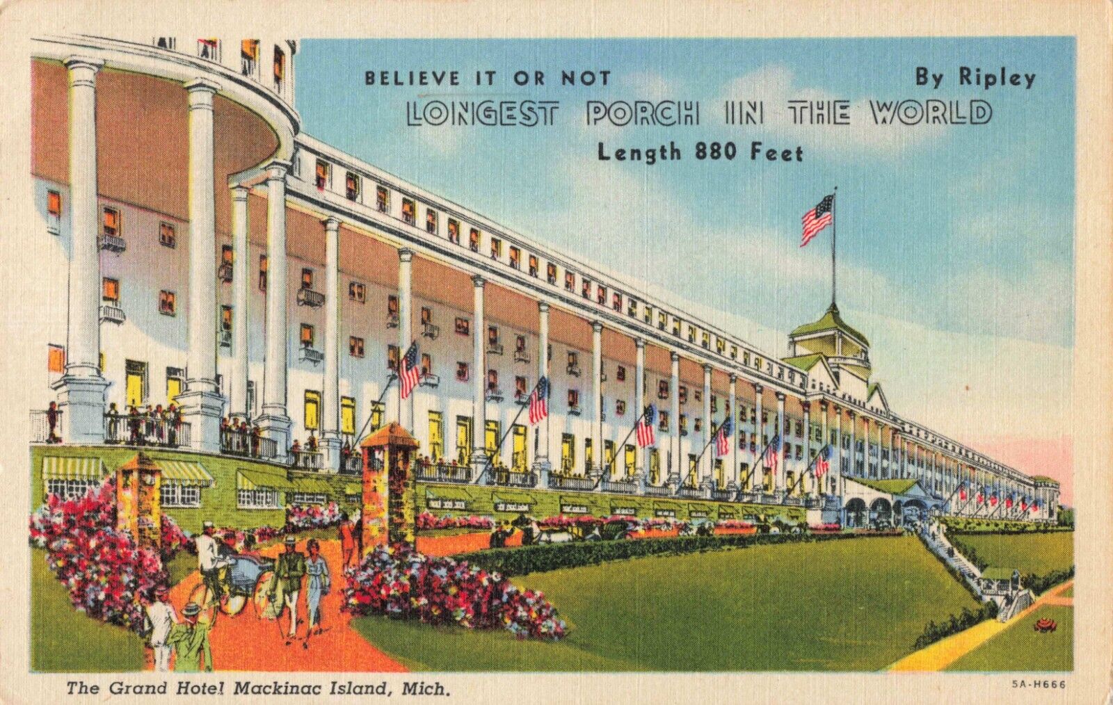 Mackinac Island MI Michigan, Grand Hotel World's Longest Porch, Vintage Postcard
