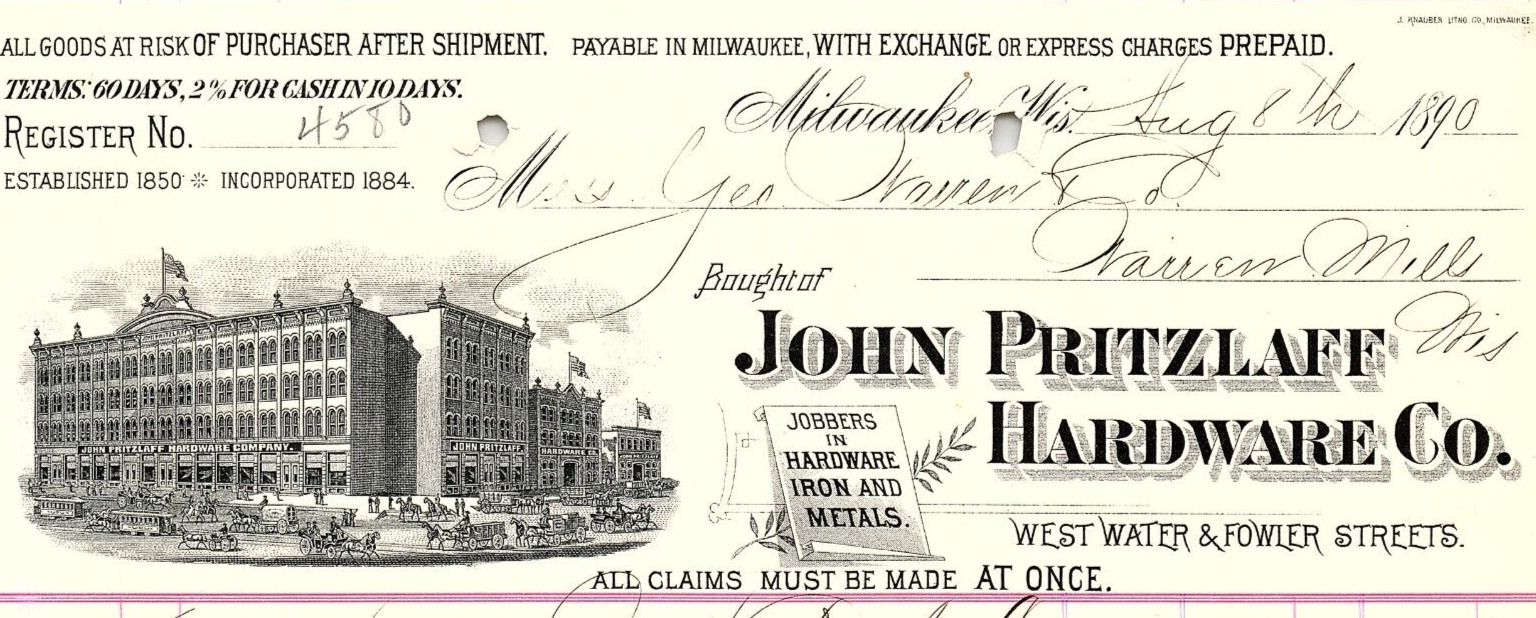 1890 MILWAUKEE WISCONSIN JOHN PRITZLAFF HARDWARE CO IRON BILLHEAD RECEIPT Z5487
