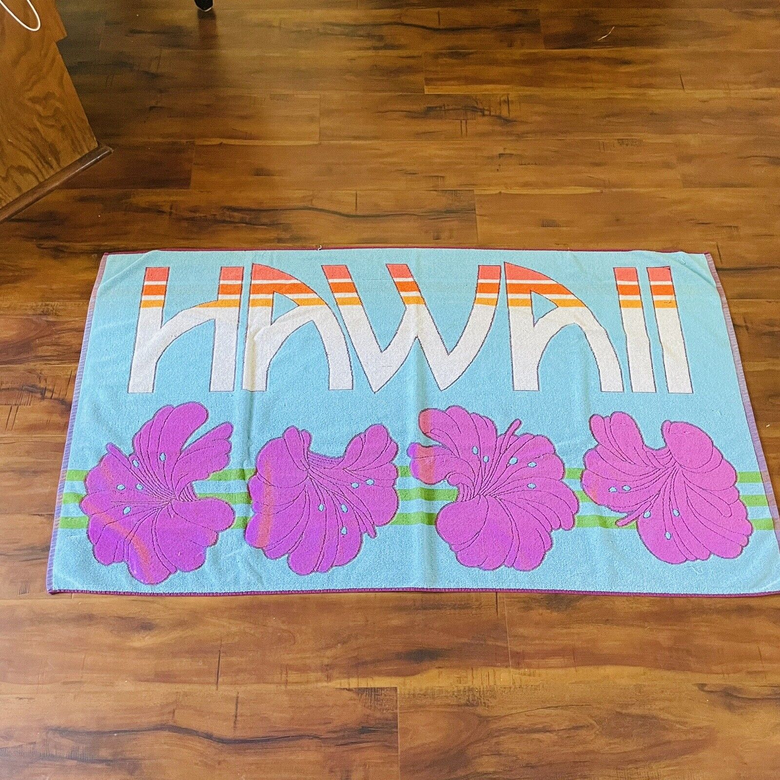 Vintage Royal Terry Beach Towel Hawaii Spellout Hibiscus Floral Made in Brazil