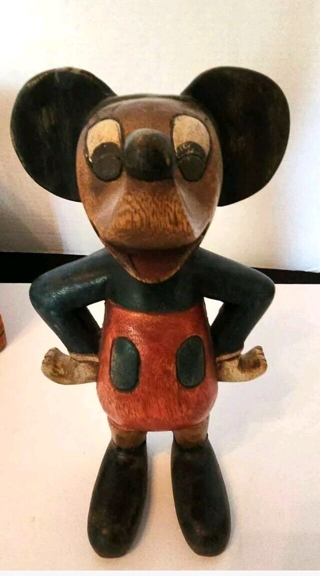 Vintage Mickey Mouse Hand-Carved 12” Wood Statue Figure RARE