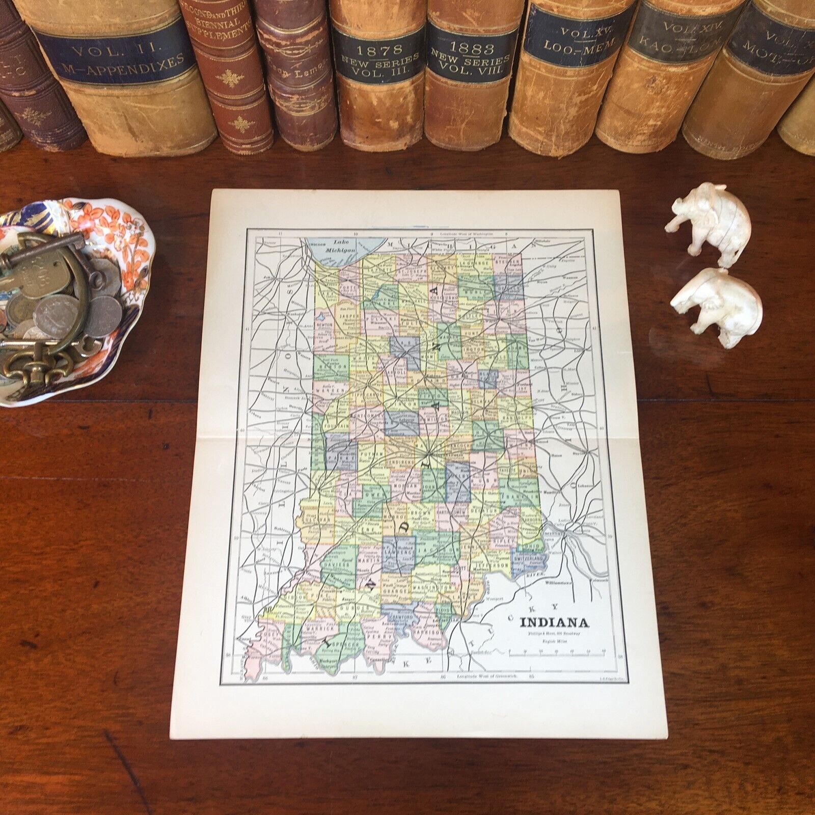 Original 1885 Antique Map INDIANA Kokomo South Bend Carmel Fort Wayne Evansville