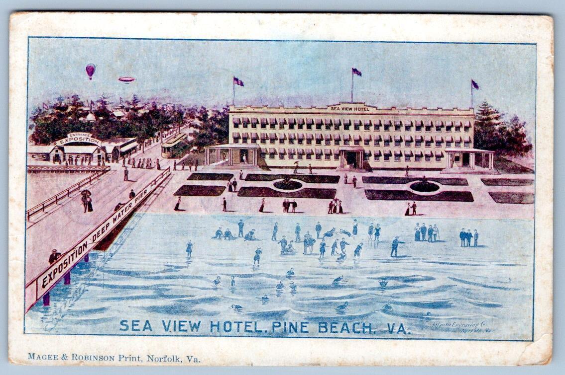 1910s SEA VIEW HOTEL PINE BEACH VA HOT AIR BALLOON & ZEPPLIN AIRSHIP IN DISTANCE