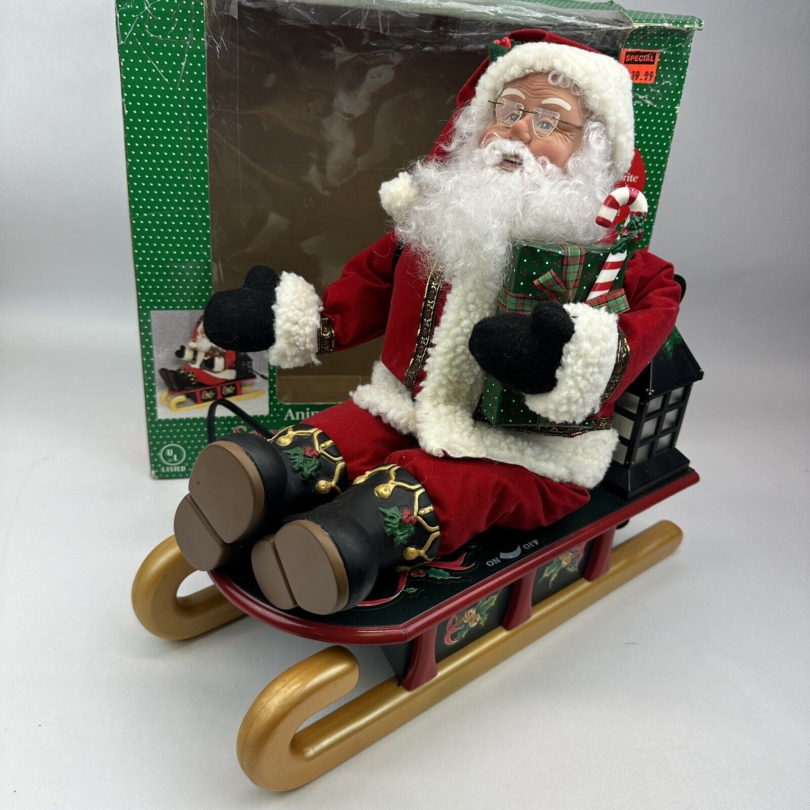 Vintage 1995 Holiday Creations Animated Santa On Sled With Lantern Music Lighted