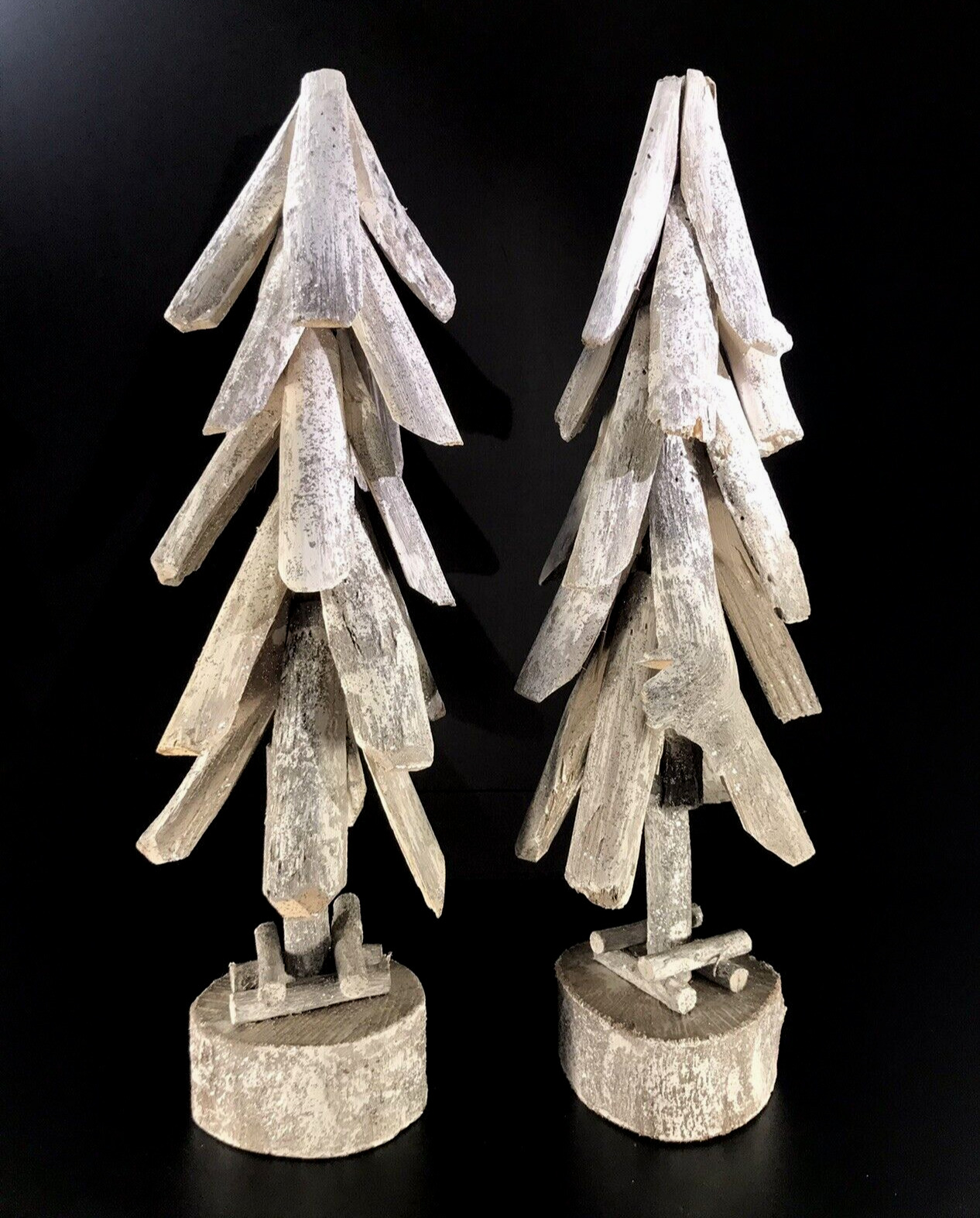 PAIR WHITE WOOD CHRISTMAS TREES - TABLETOP HANDMADE COUNRTY PRIMITIVE RUSTIC 18\