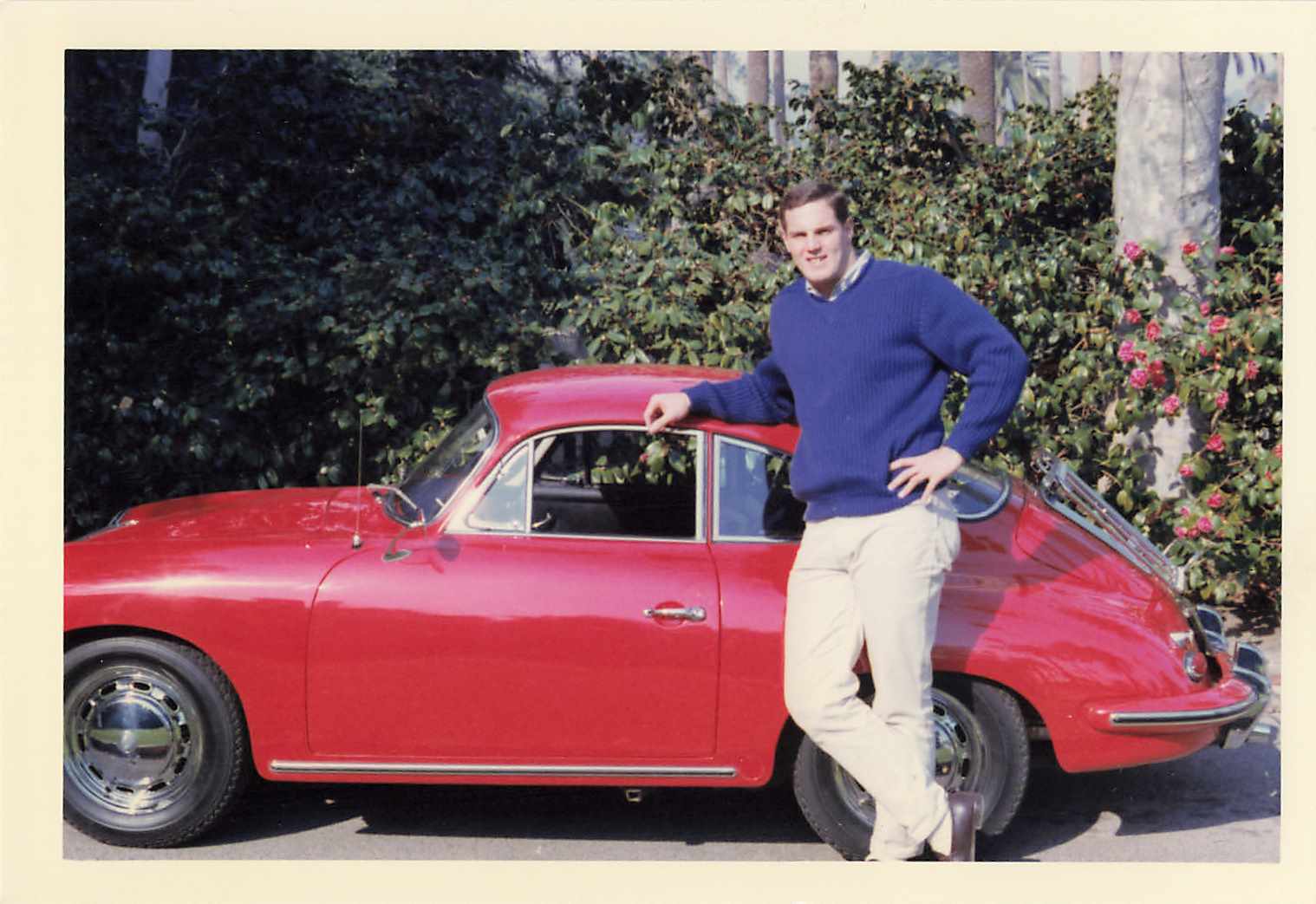 1965 Color Snapshot Photo Preppy Frat Chad w/ New PORSCHE Hollywood Producer car
