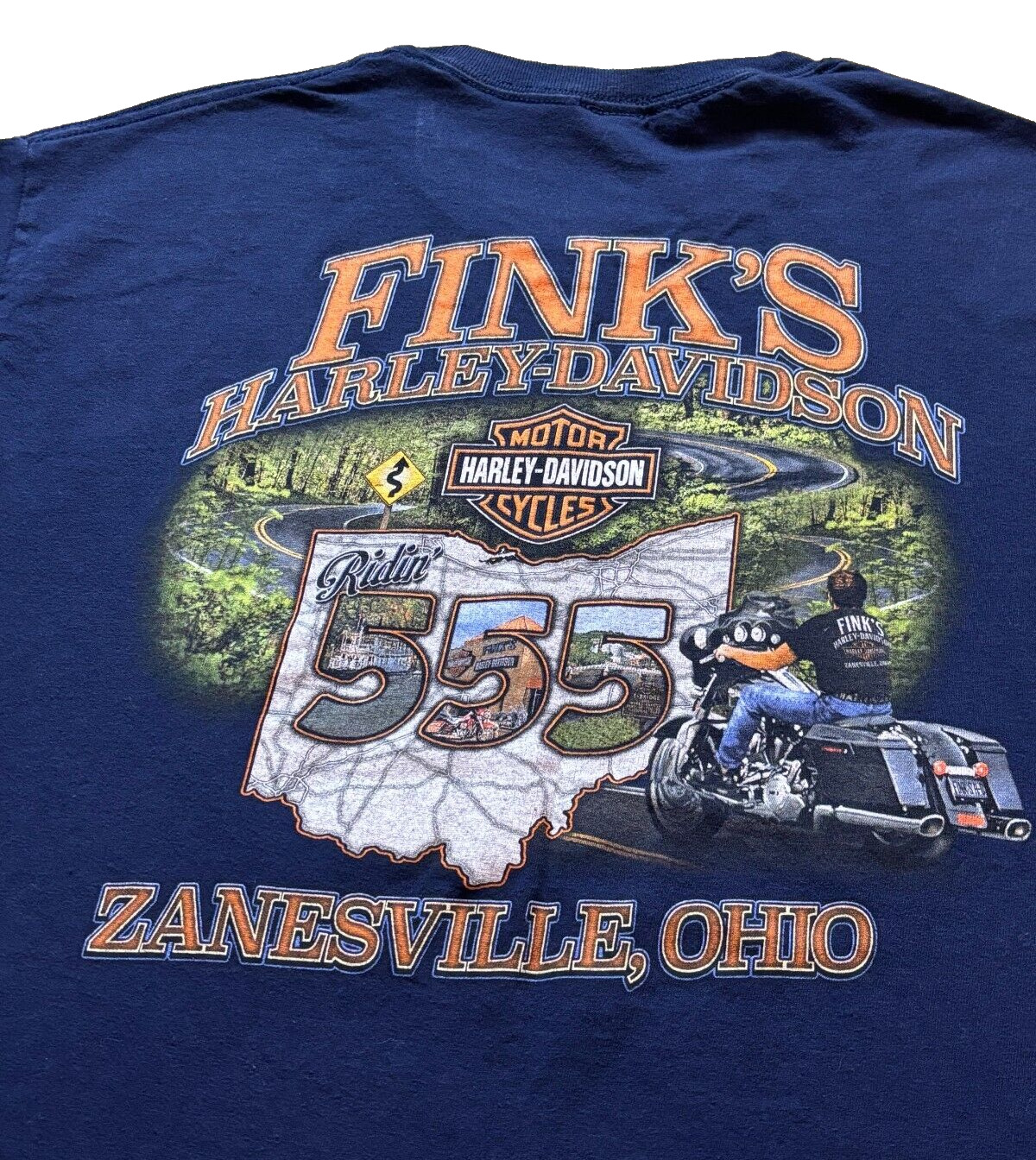 Vintage Y2K Harley Davidson Motorcycles Fink's Zanesville Ohio Navy T Shirt L