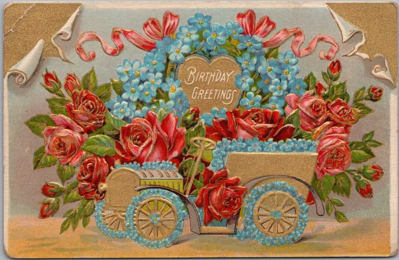 1910s BIRTHDAY GREETINGS Embossed Postcard Automobile Red Roses & Forget-Me-Nots