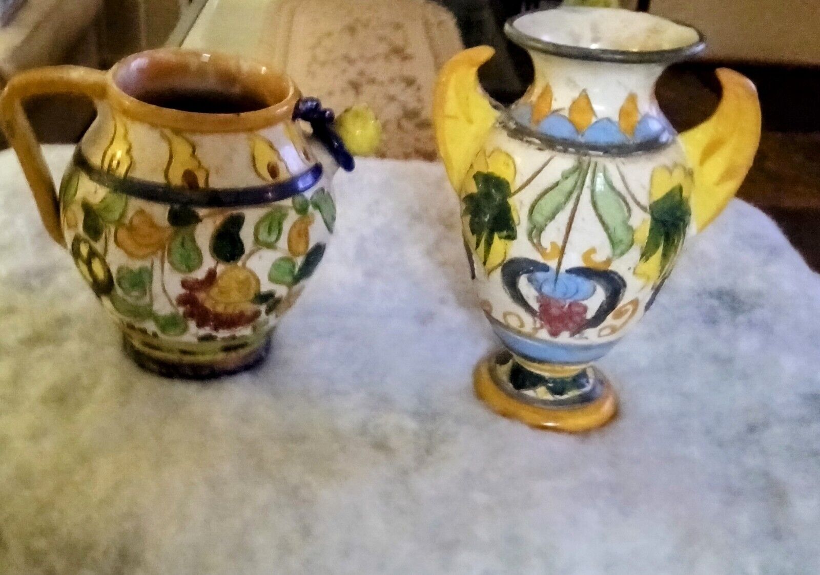 Vintage Hand Painted Majolica Pottery Pitcher Spout & Wing Pitcher Signed