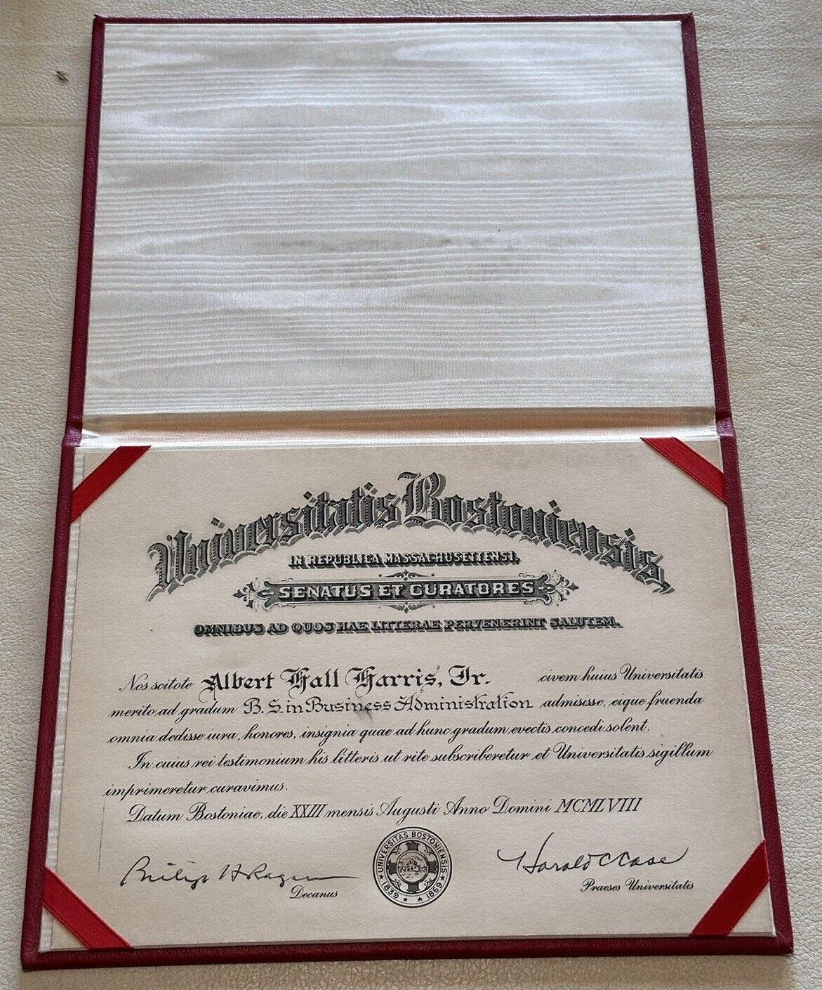 Actual University Of Boston B.S. In Business Admin. Latin Diploma 1958 Signed