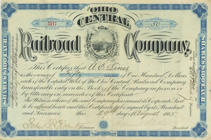 Ohio Central Railroad Co. - Stock Certificate - Railroad Stocks