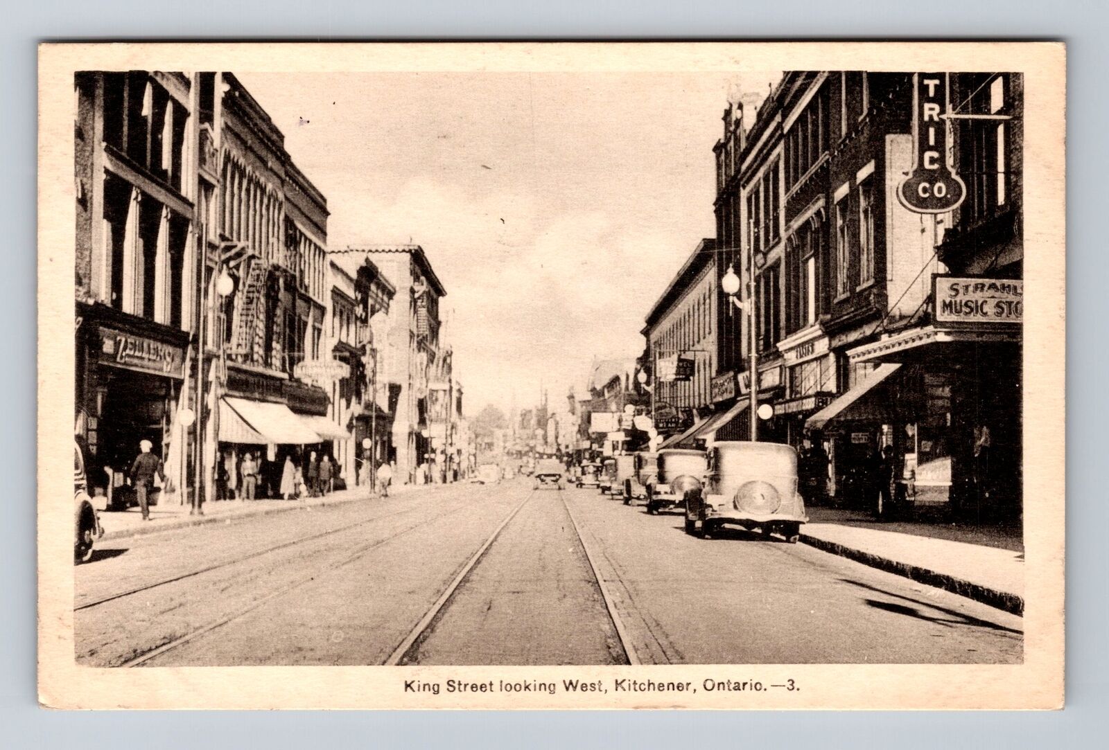 Kitchener Canada, King Street Looking West, Music Store, Vintage c1938 Postcard