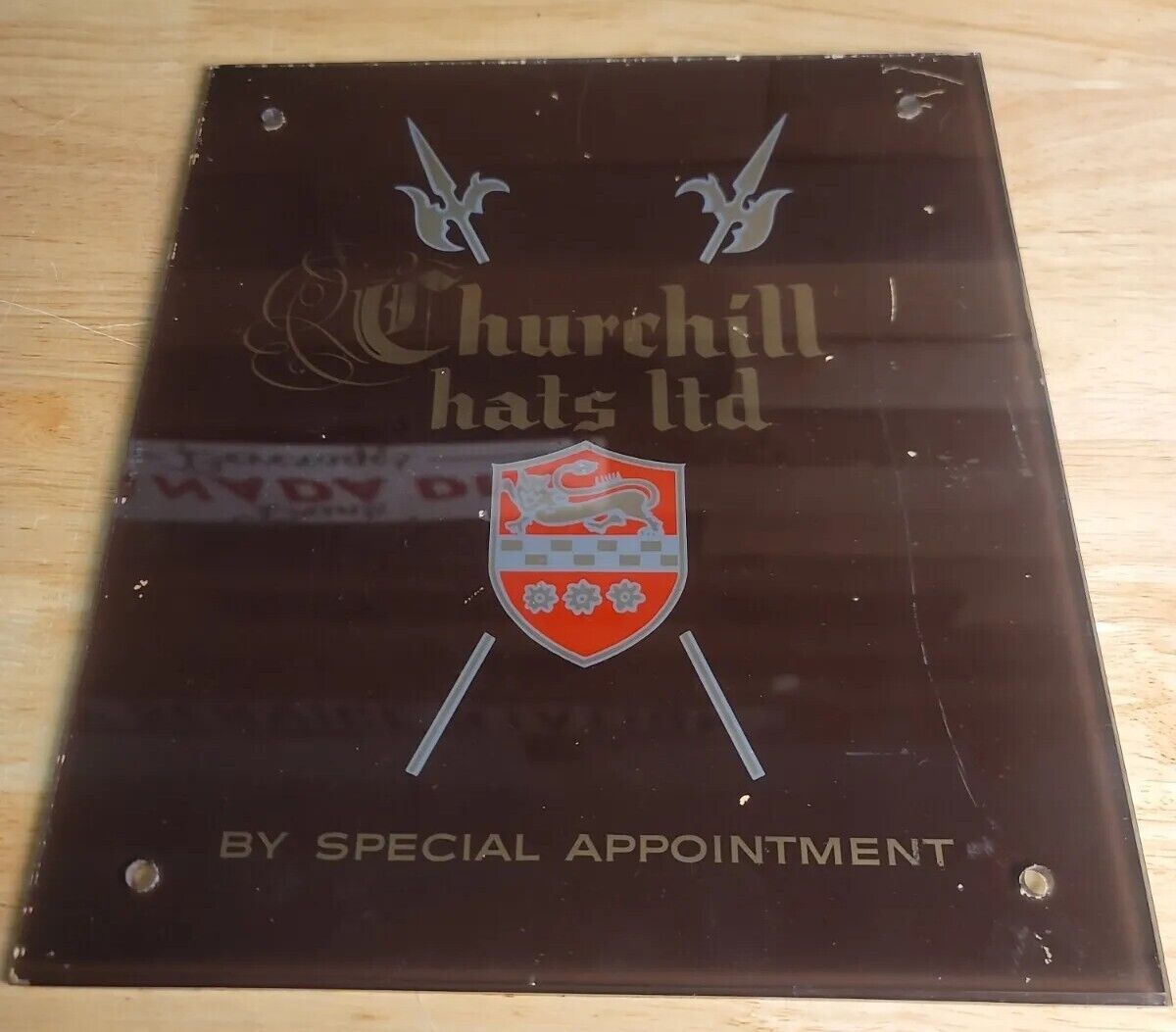 Vintage Churchill Hats Ltd By Special Appointment Glass ad Sign w/ Hanger Holes 