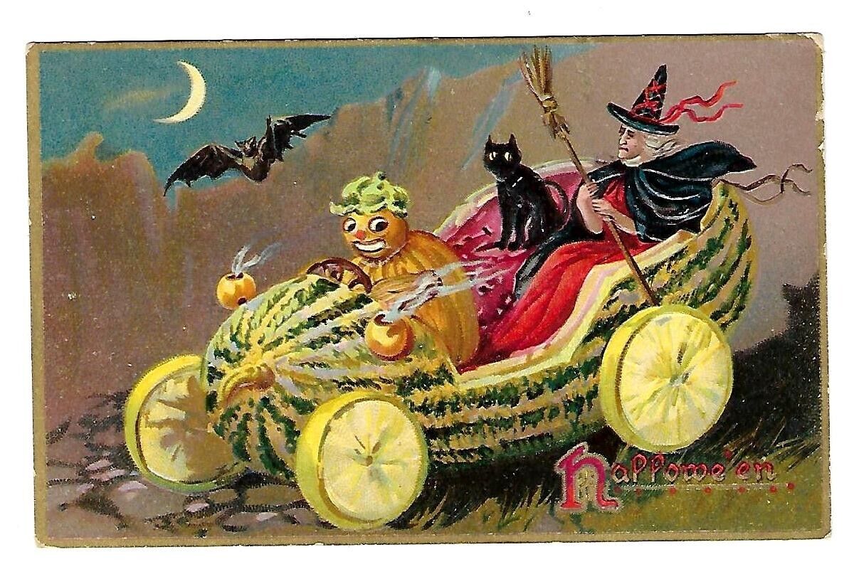 c1908 Tucks #150 Halloween Postcard Fantacy JOL & Witch in a Mellon Buggy