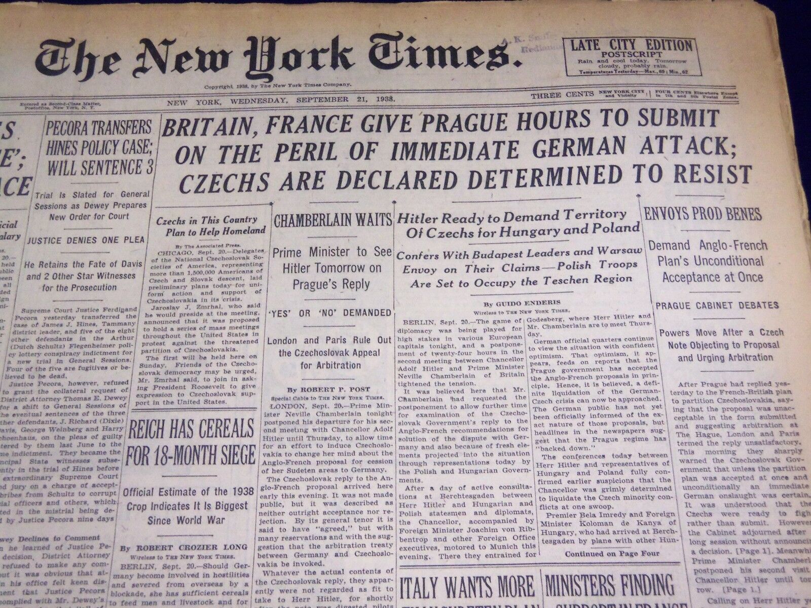 1938 SEPT 21 NEW YORK TIMES - BRITAIN FRANCE GIVE PRAGUE HOURS TO SUBMIT- NT 611