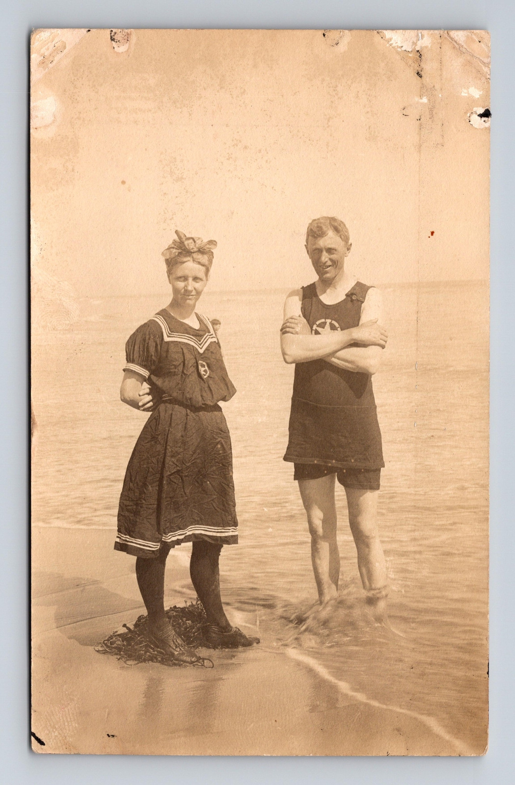 c1904-1918 RPPC Postcard Man Woman and Boy at Beach