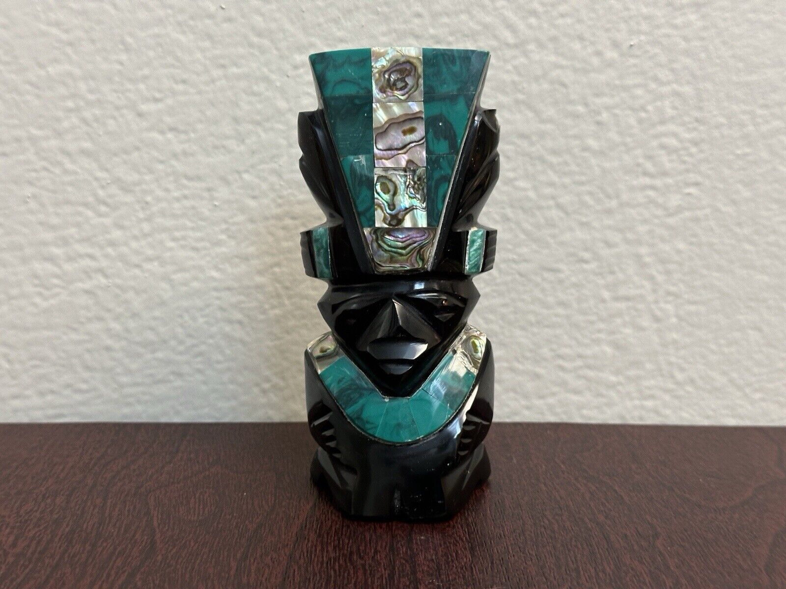 Vintage Black Onyx Obsidian Malachite Abalone Inlay Carved Statue Aztec Mexico