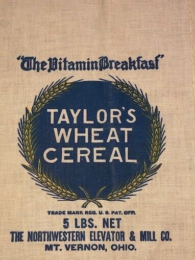 Breakfast Cereal Bag Taylor's Cloth Burlap Bag Mt. Vernon Ohio 1930s 5lb NOS
