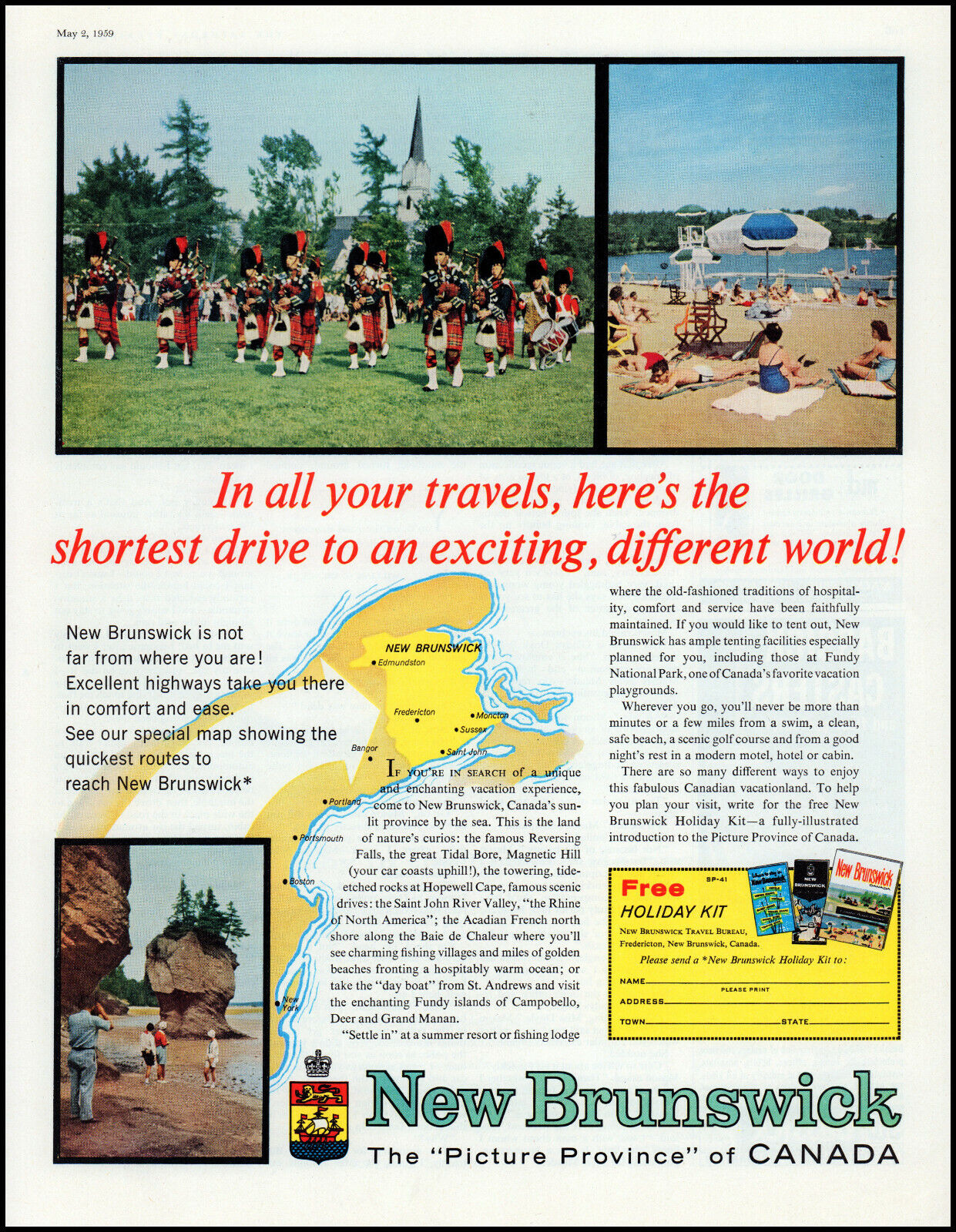 1959 New Brunswick Canada Holiday Kit Vacation Travel retro photo print ad L98
