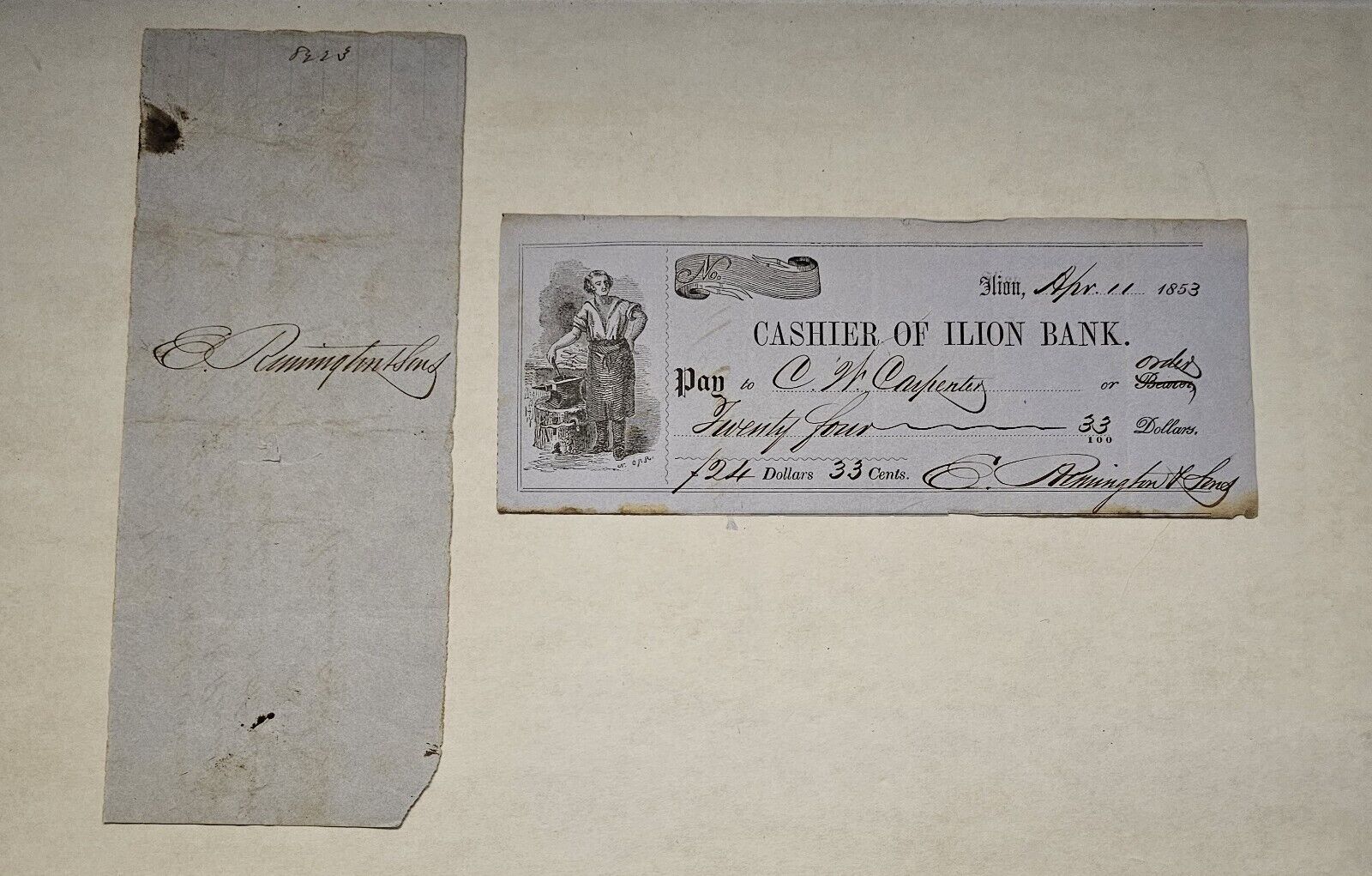 Eliphalet Remington Arms Signed Promissory Note and Check 1850s