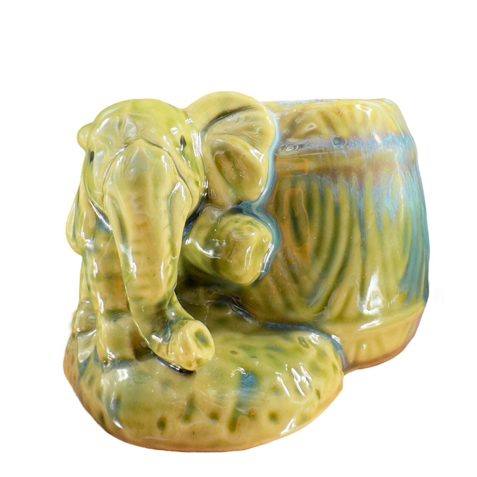 Vintage Majolica Style Pottery Green Elephant Vase Planter Drip Glaze Ceramic