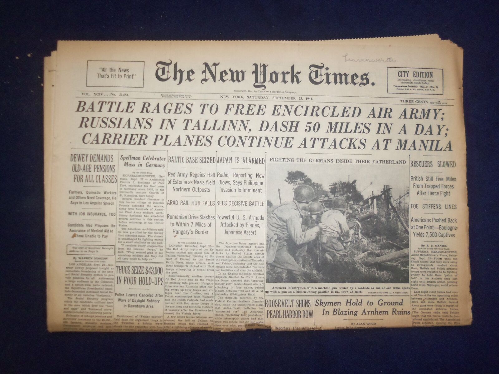 1944 SEP 23 NEW YORK TIMES - BATTLE RAGES TO FREE ENCIRCLED AIR ARMY - NP 6630