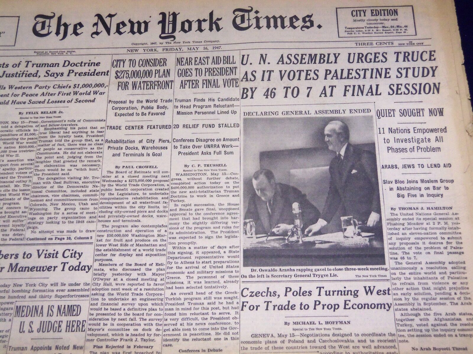 1947 MAY 16 NEW YORK TIMES - U. N. VOTES PALESTINE STUDY - NT 1419