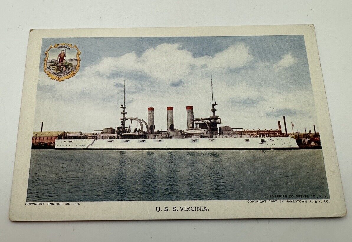1907 Jamestown Exposition Virginia USS Virginia Battleship Postcard
