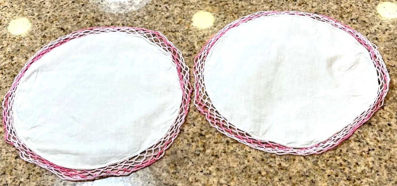 Vintage White Linen Crochet Pink Lace Edge Doily Round 10” Set of 2 Handmade