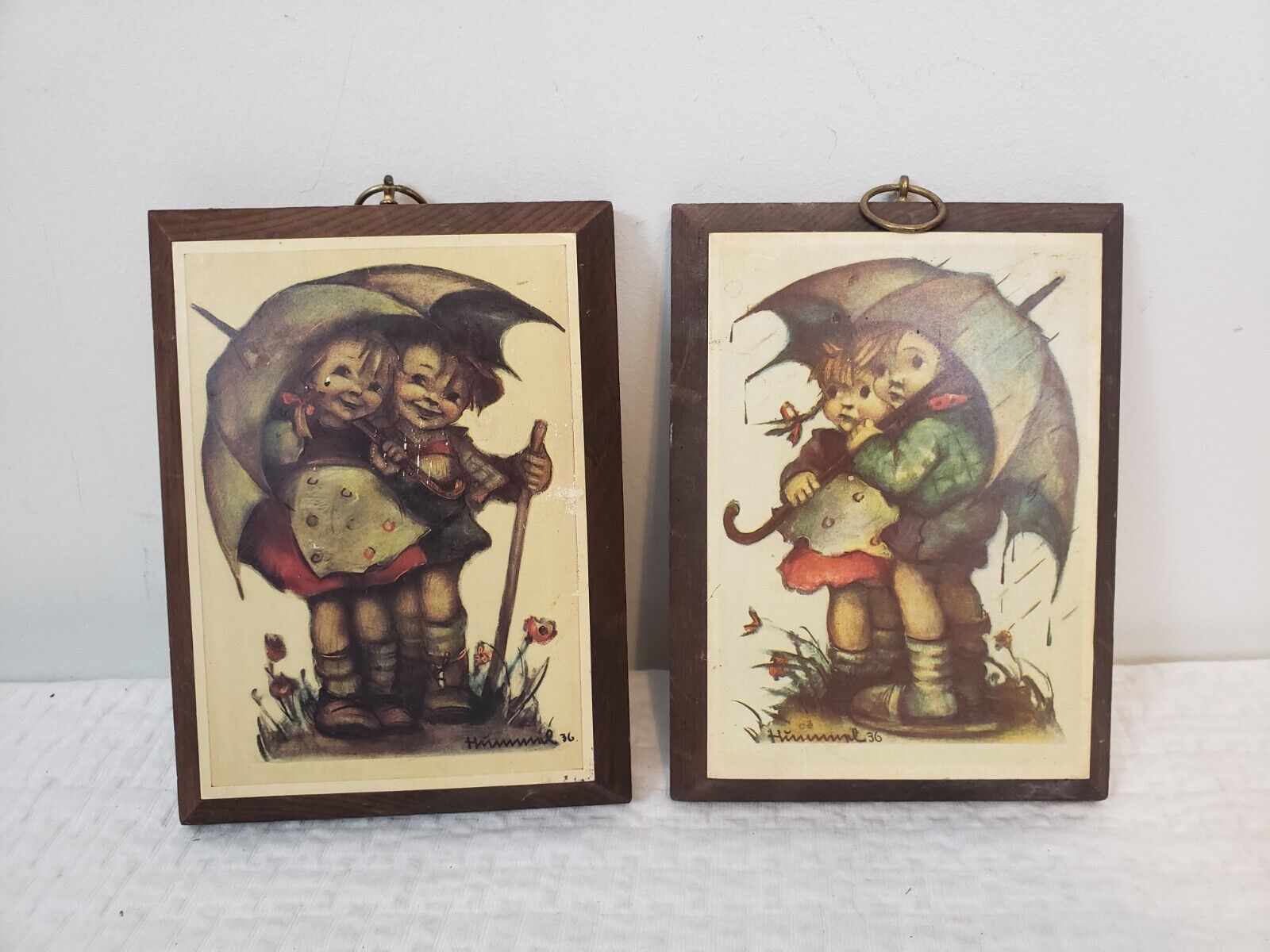 (J24) Vintage Hummel Wooden Wall Pictures Plaques Girls Umbrella Decor Set of 2