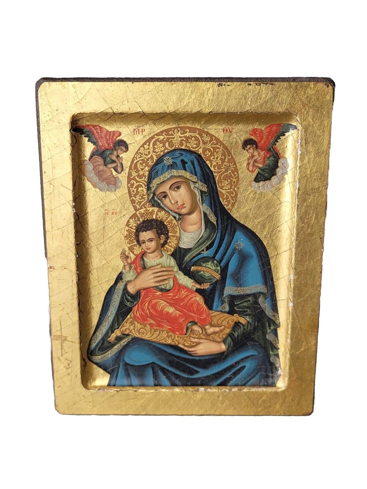 Madonna and Child copy of Ancient Byzantine Icon Certificate gold frame vintage