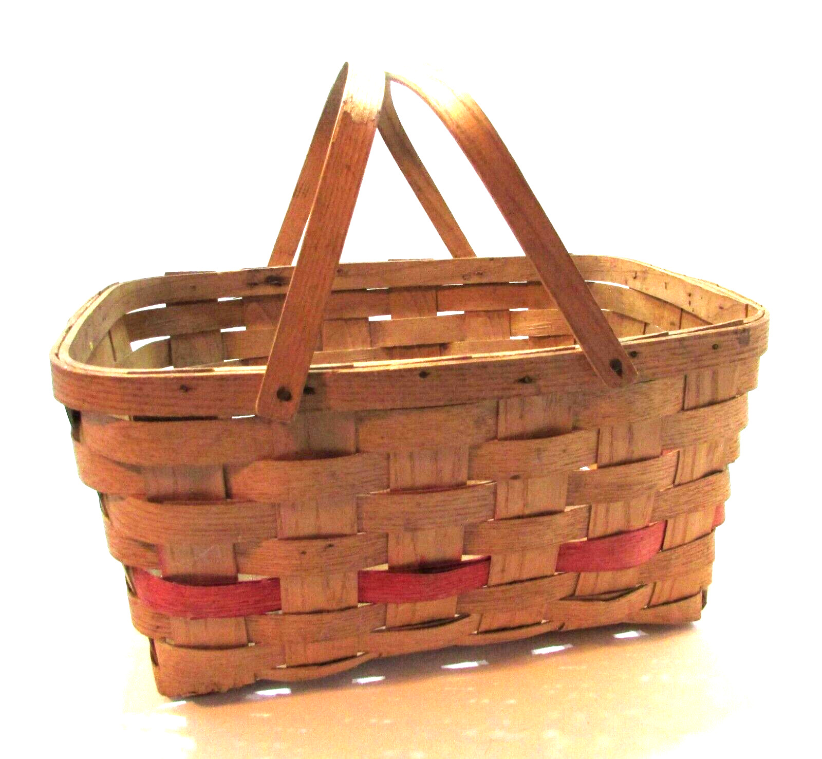 Original Old 30's Woven Shaved Natural Wood Open 2 Handle Picnic Basket Red Band