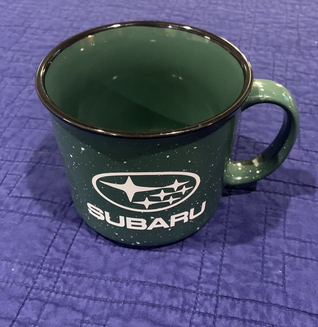 Subaru 15 Oz Coffee Mug Green Cup With Logo Ceramic Camping Camp Fire Speckled