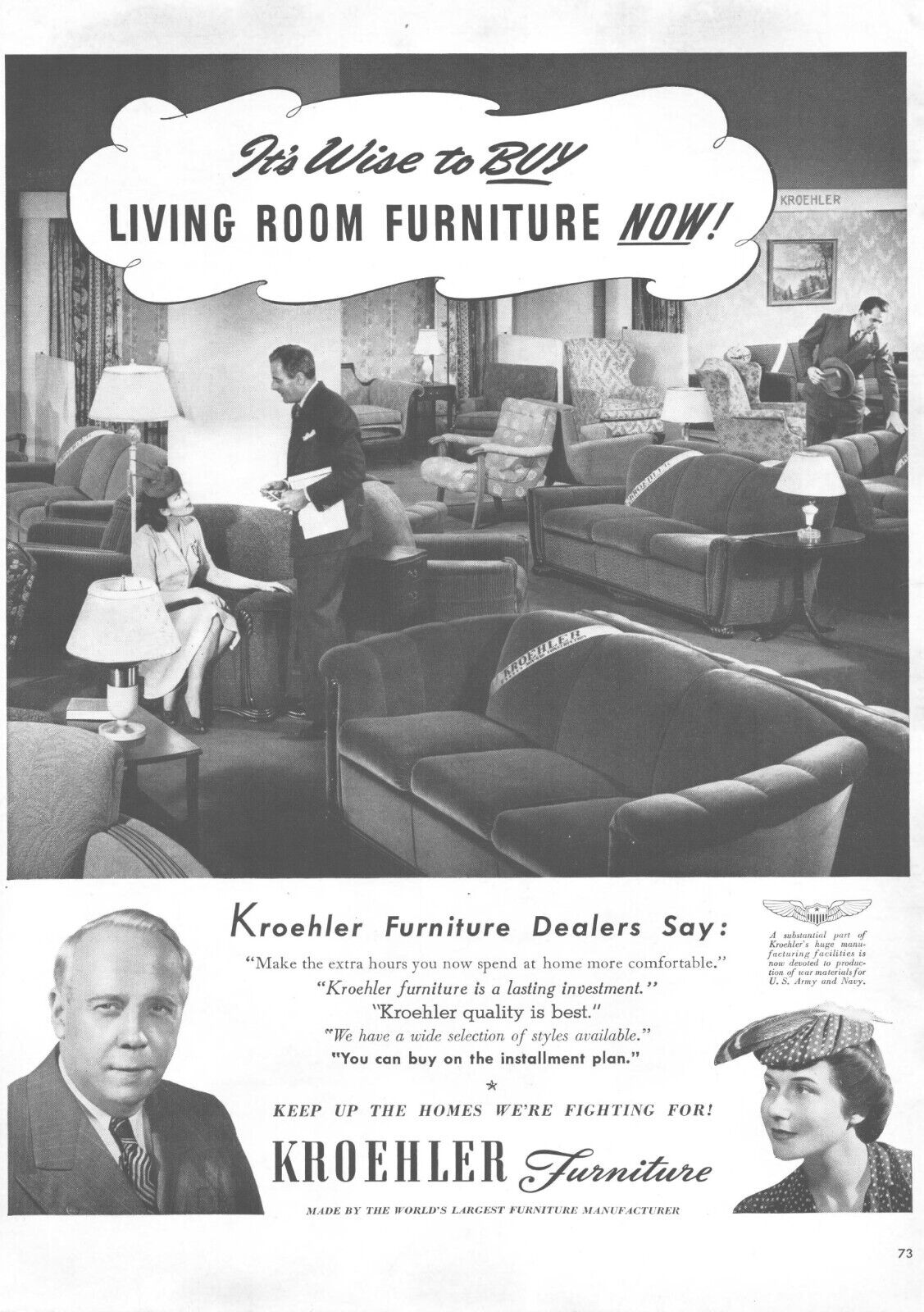 1942 Kroehler Furniture Vintage Print Ad WWII Is Wise To Buy Living Room Now