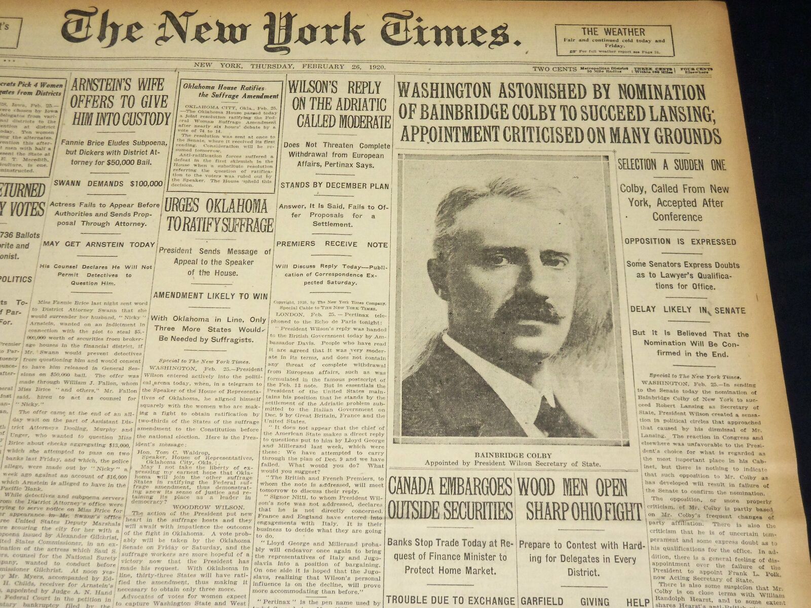 1920 FEBRUARY 26 NEW YORK TIMES - BAINBRIDGE COLBY TO SUCCEED LANSING - NT 7876
