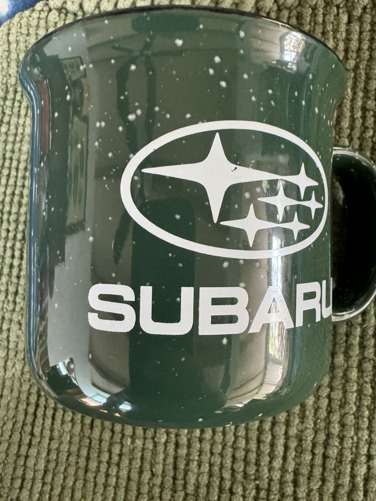 Subaru 15 Oz Coffee Mug Green Cup With Logo Ceramic Camping Camp Fire Speckled